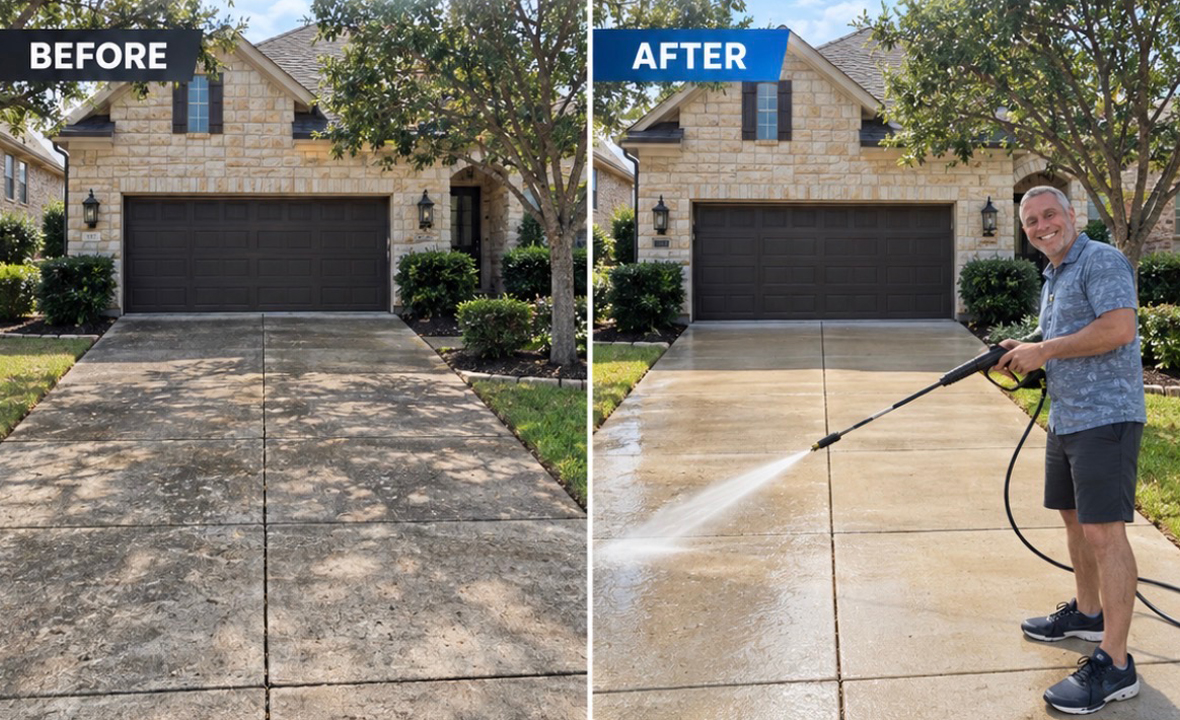 Before and after driveway pressure washing by Geno's Power Wash Service in Houston