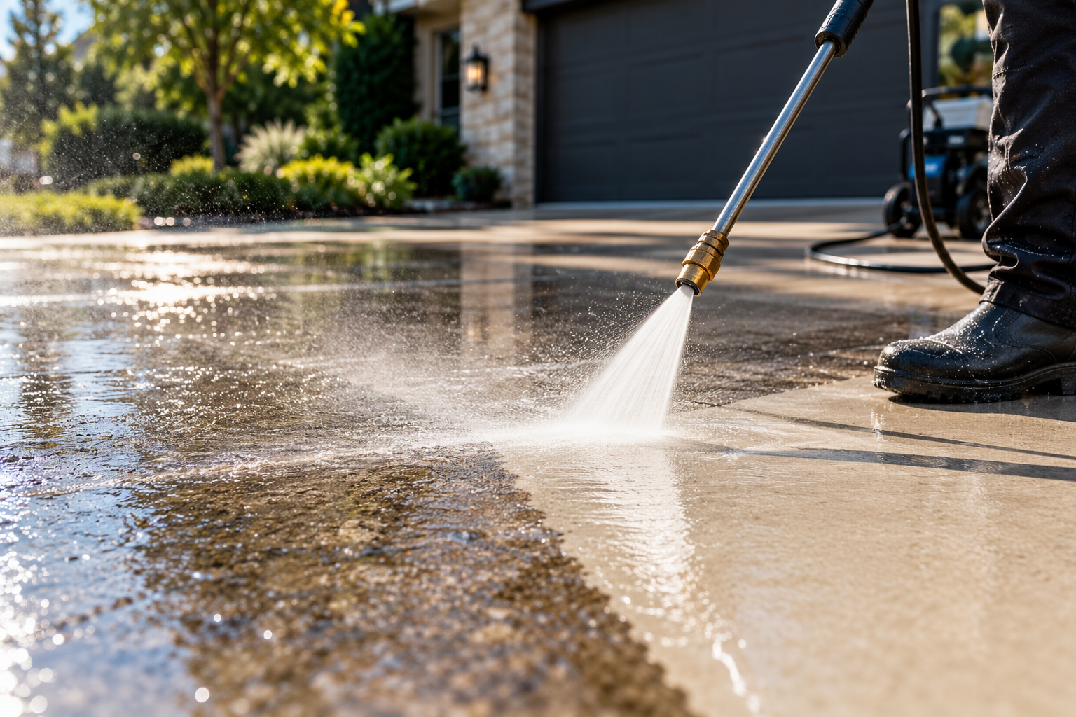 Residential driveway being professionally pressure washed in Houston, Texas